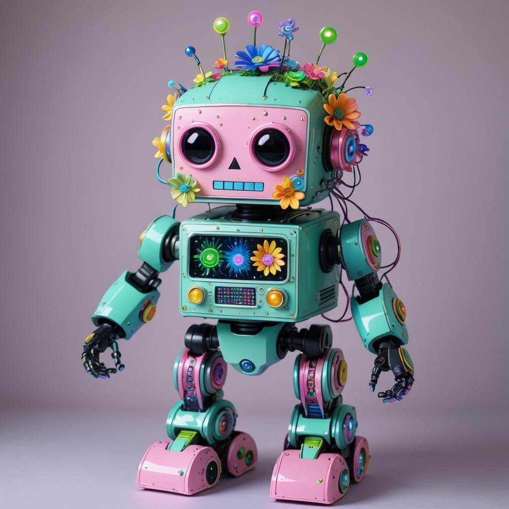 Aetherpunk Robot with Luminous Floral Bouquet