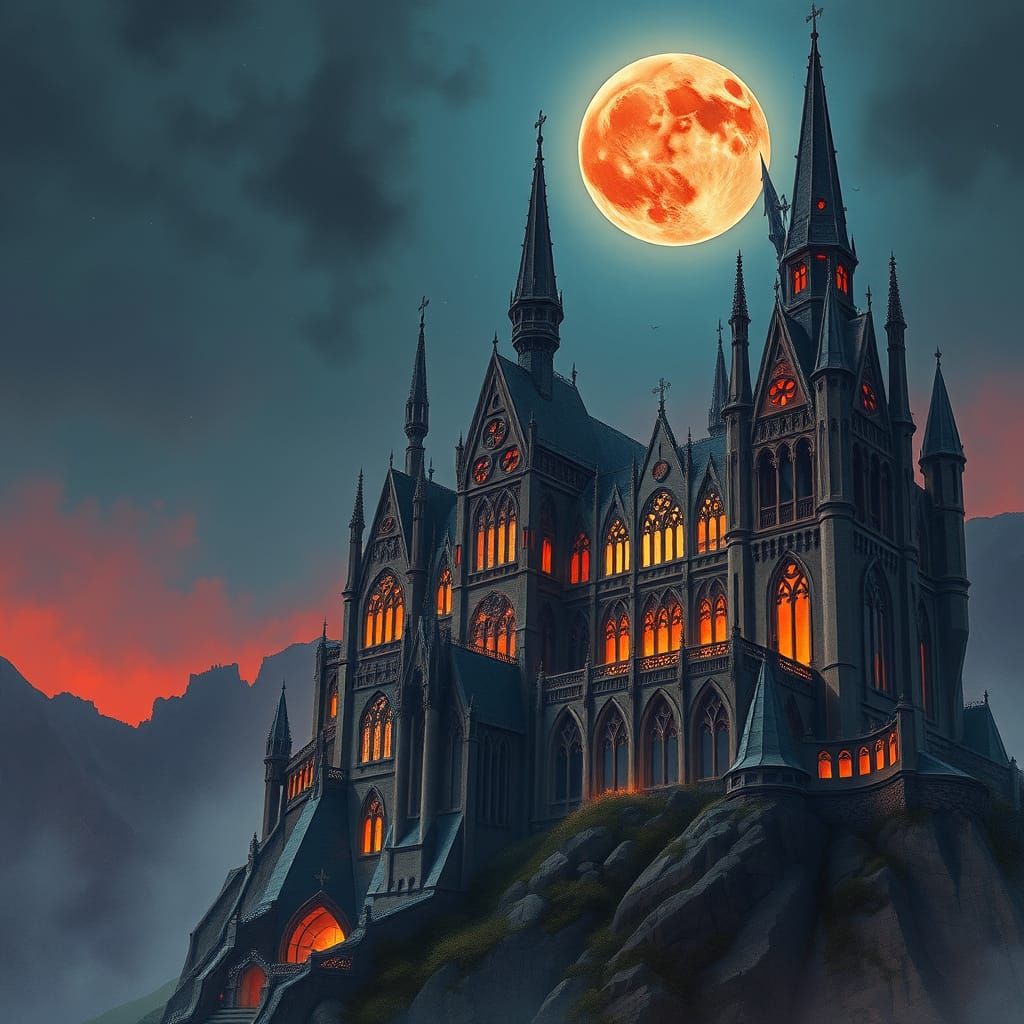 Gothic Castle Bloodmoon Digital Watercolor Illustration