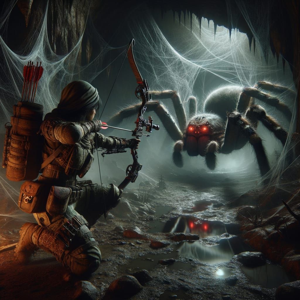 Archer Aims at Spider in Dark Cave
