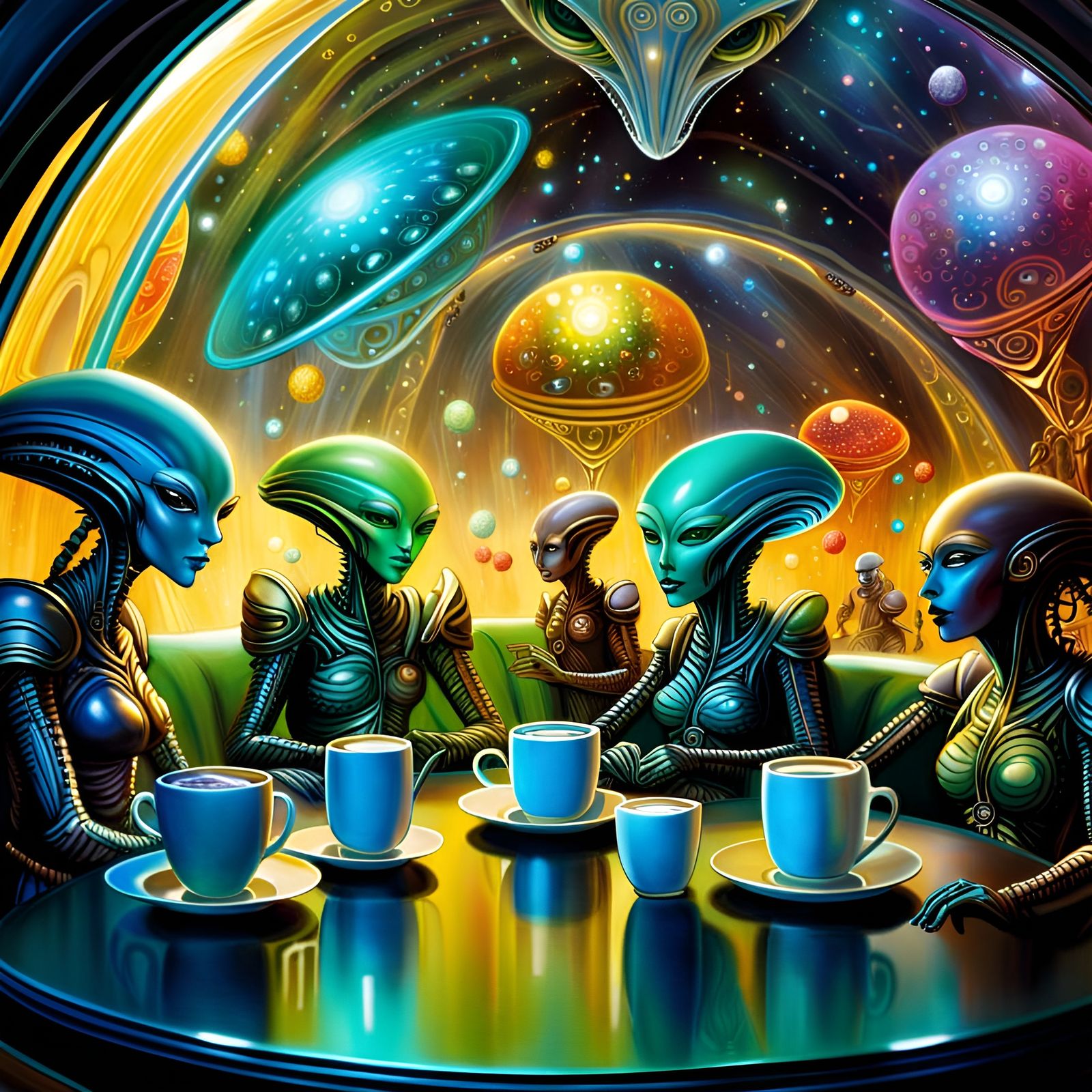 Colorful outer space coffee shop