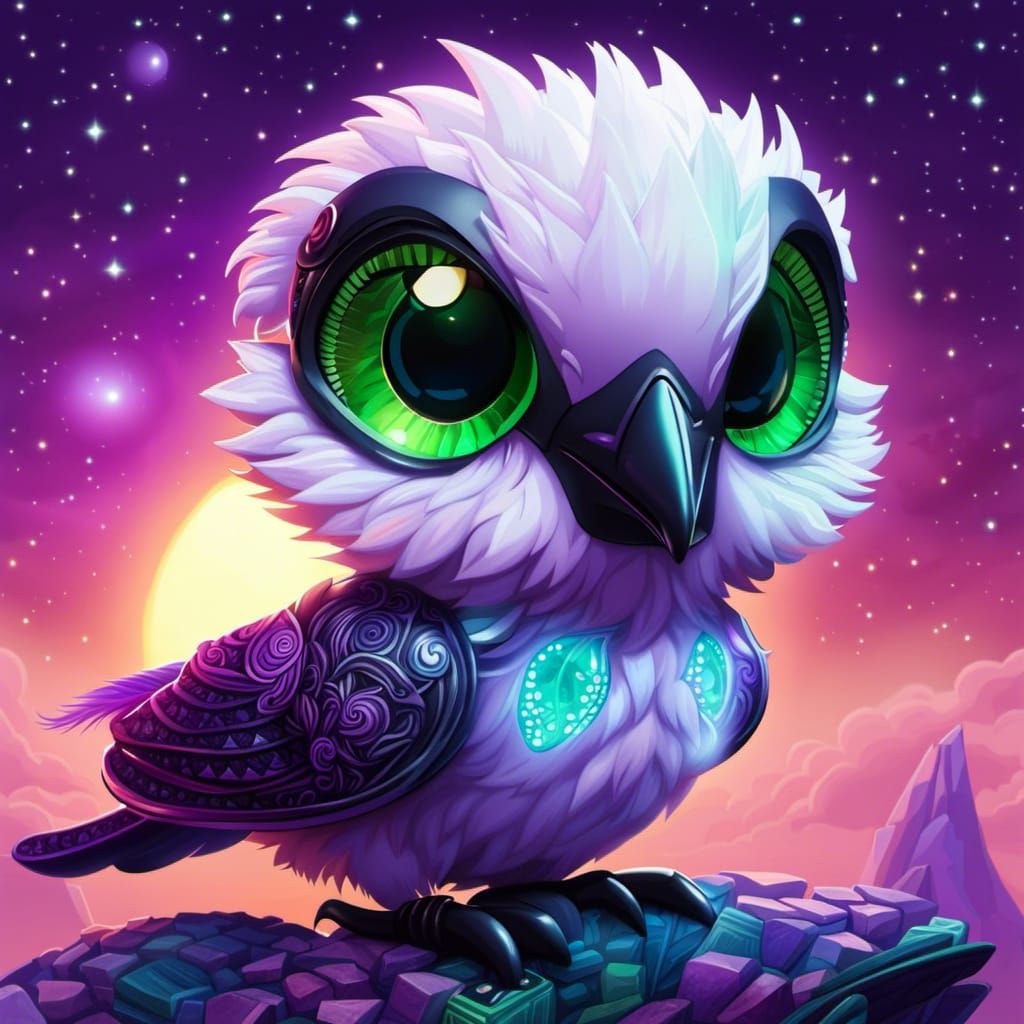 Chibi Raven Alien Flies Spaceship: Hyperdetailed Portrait