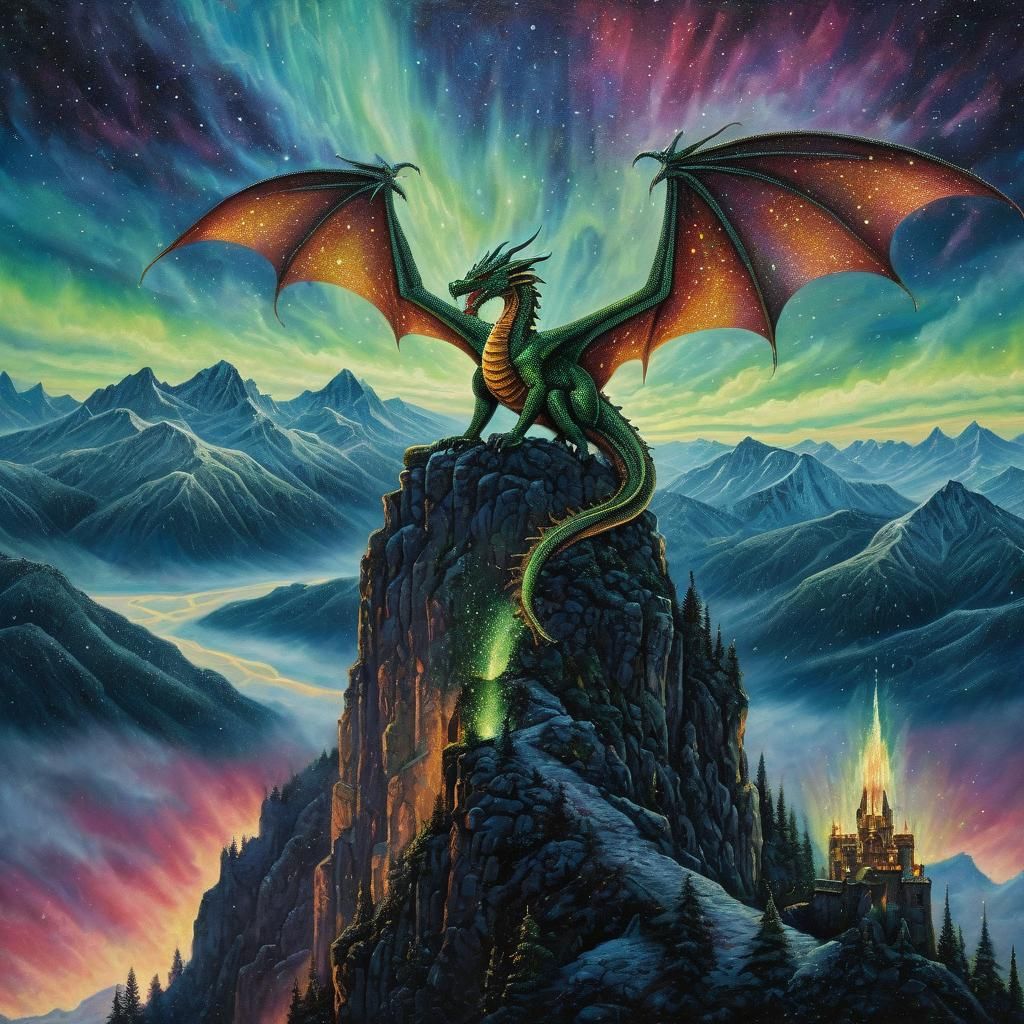 Medieval Dragon on Mountaintop in Pointillism Style