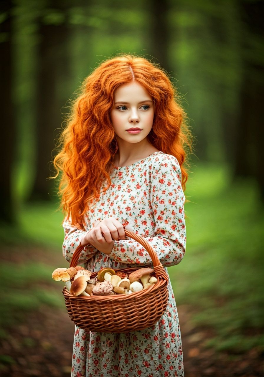 Girl Gathering Mushrooms in Forest, Detailed Illustration