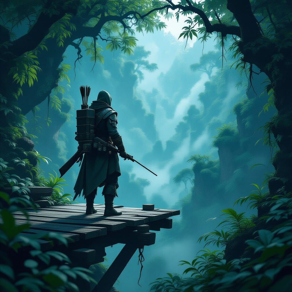 Hunter in the forest, standing on a wooden hunting platform,