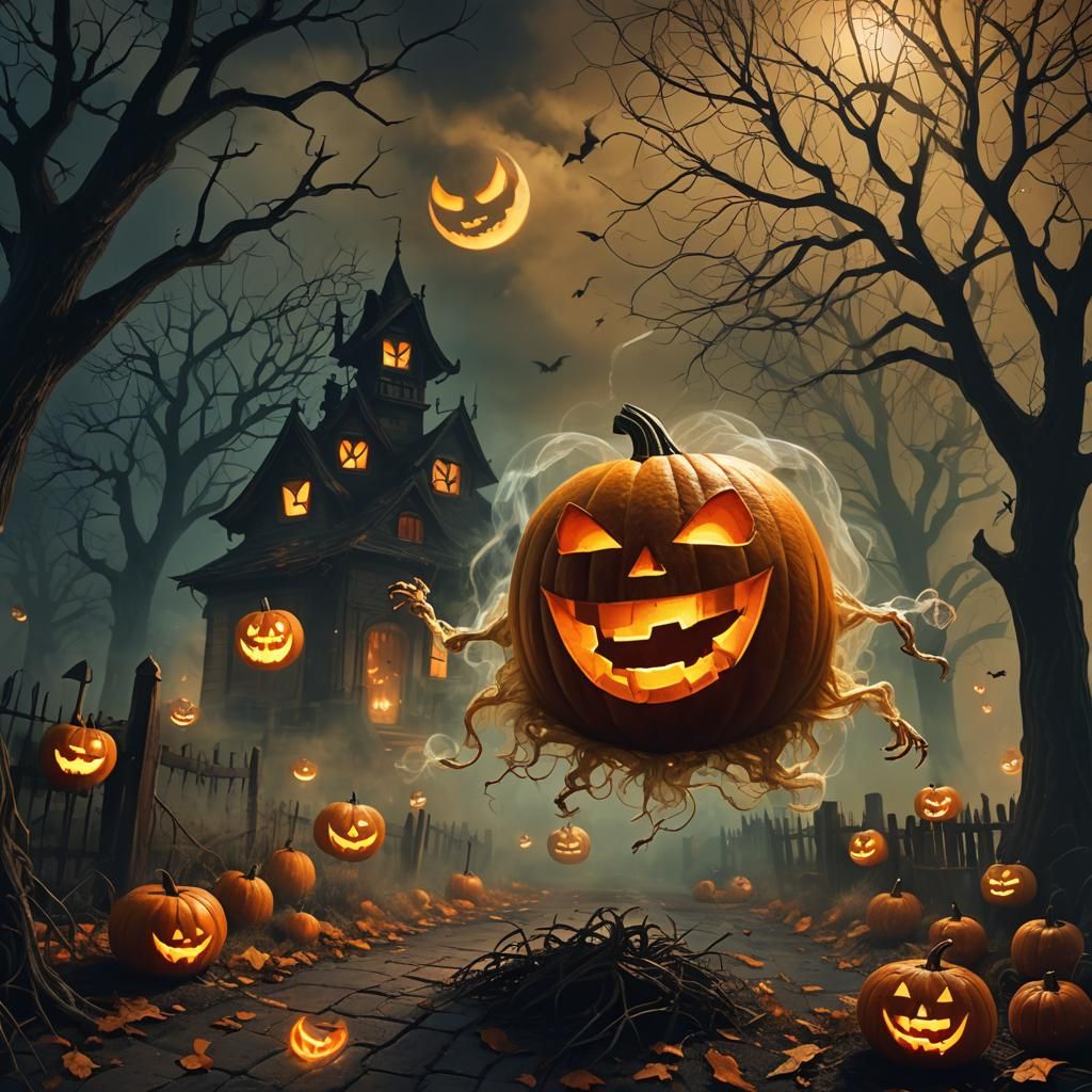 Spooky Jack-o-Lantern and Ghost in Surreal Scene