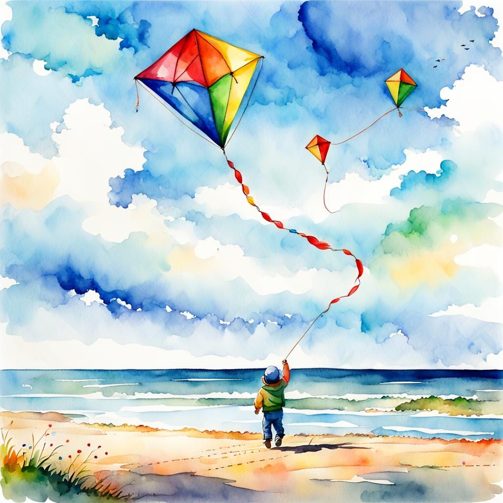 Child Flying Kite in Watercolor Style