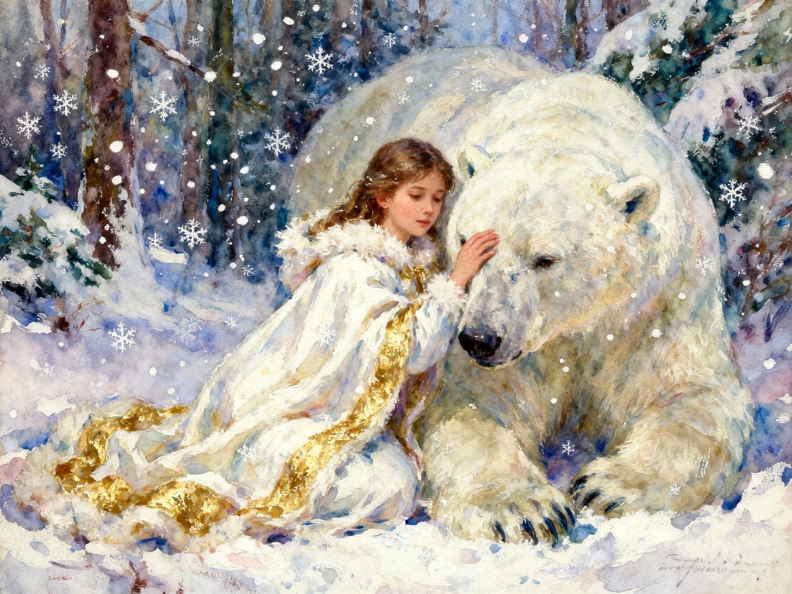 Girl in Snowy Forest with Polar Bear, Impressionist Style