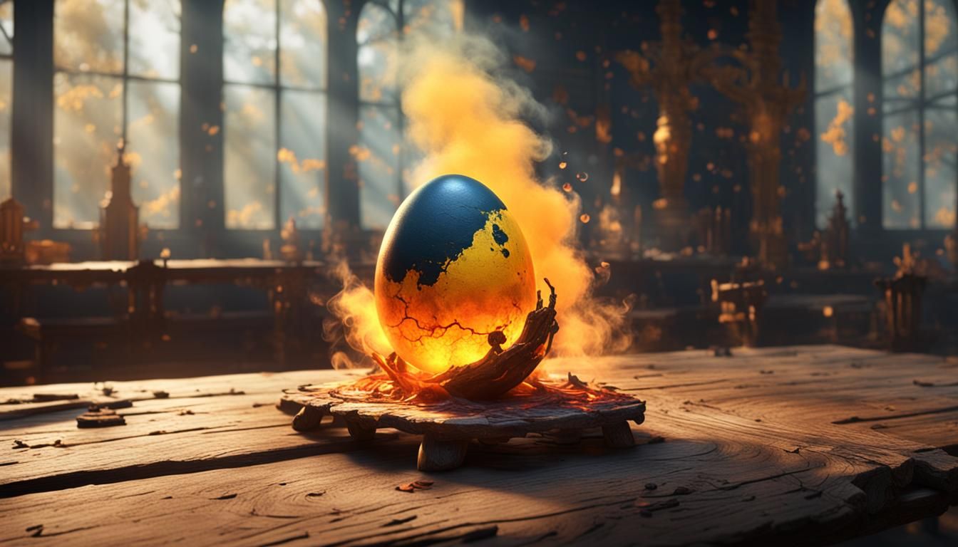 Ornate Yellow Egg on a Wooden Table