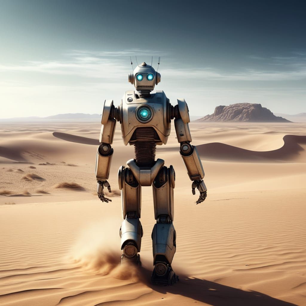 Lonely Robot in Desolate Desert Sci-Fi Matte Painting