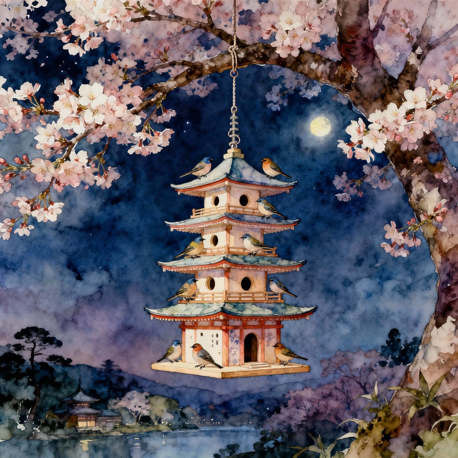Pagoda Birdhouse on Cherry Blossom Tree at Night