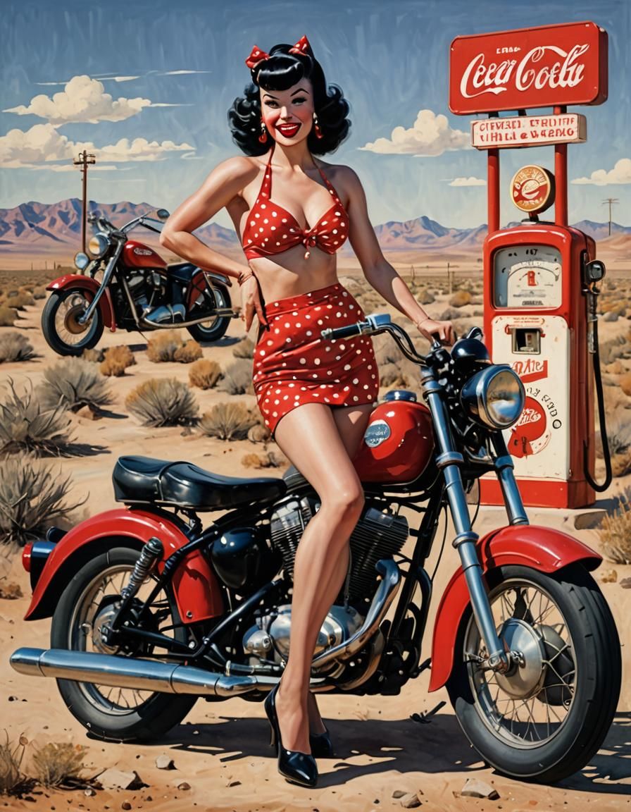 Retro Pin-Up Girl on Motorcycle in Desert Landscape
