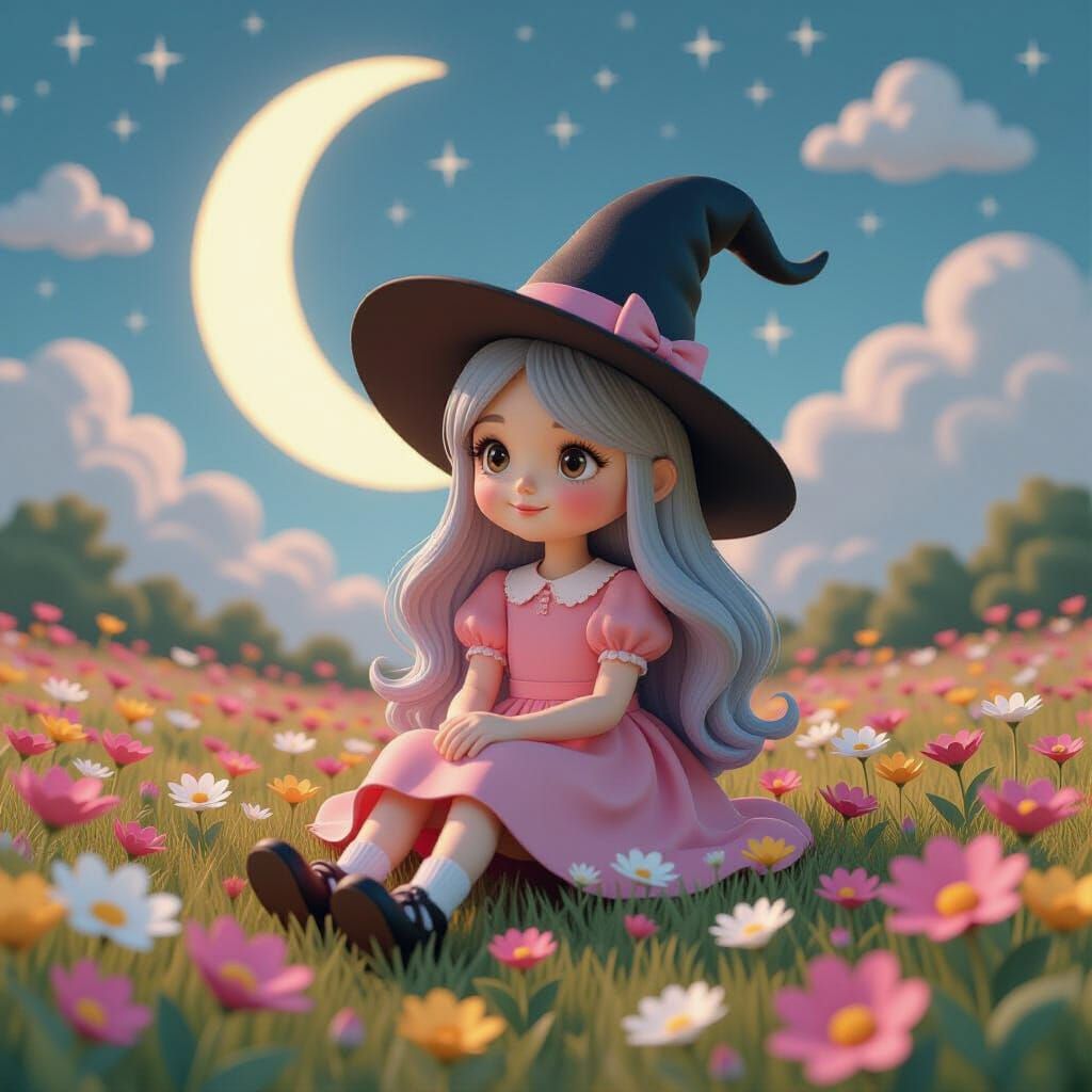 Whimsical Witch Girl in Pastel Dreamscape