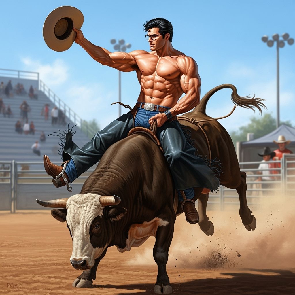 Muscular Clark Kent Rides Bucking Bull in Rodeo