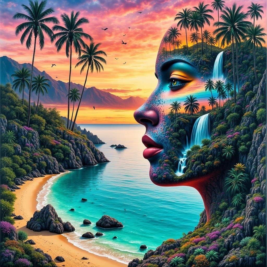 Surreal Polynesian Beach Face Gouache Painting