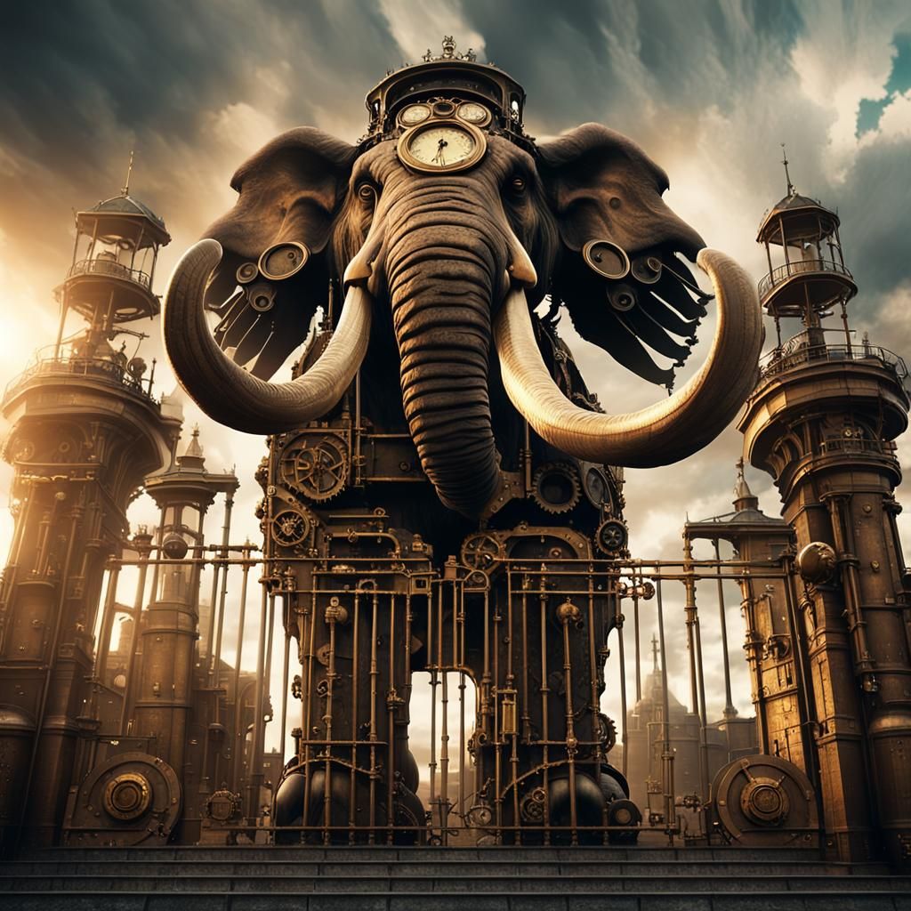 Mammoth Guarding Steampunk City Gates