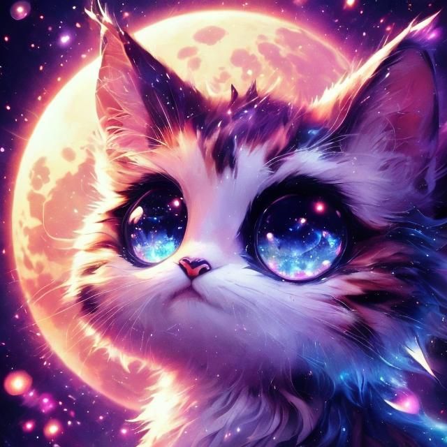 Mythical Cat Gazing at Moon in Vaporwave Style