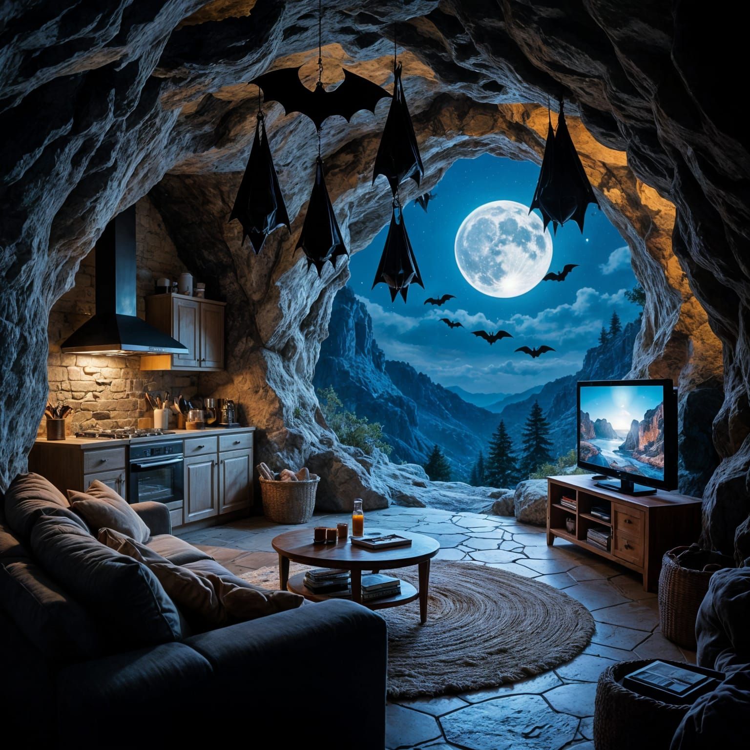 Cozy Cave Living Room with Bats Watching TV
