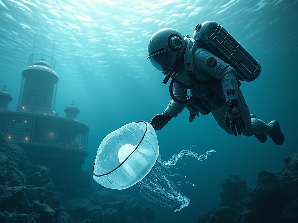 Underwater Research Facility with Glowing Jellyfish