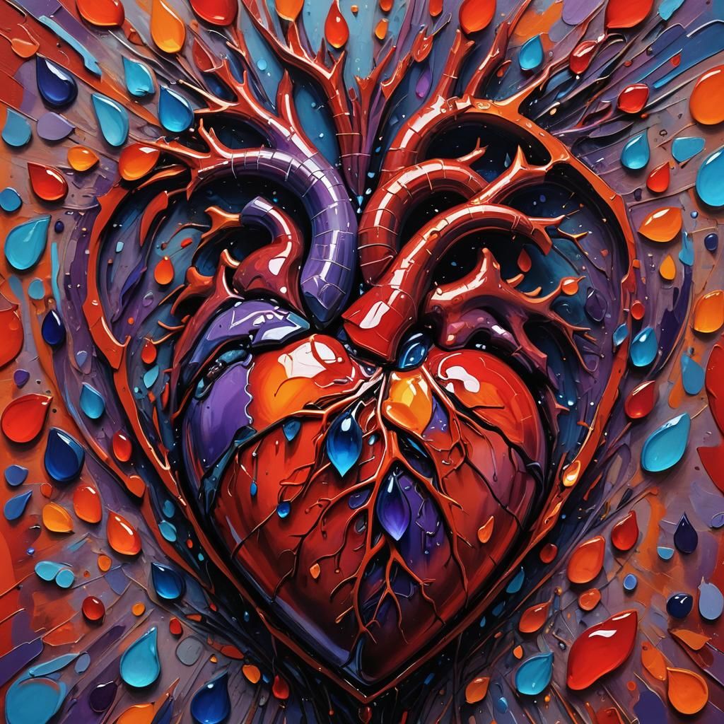 Giant Heart with Love Teardrops in Expressionist Style