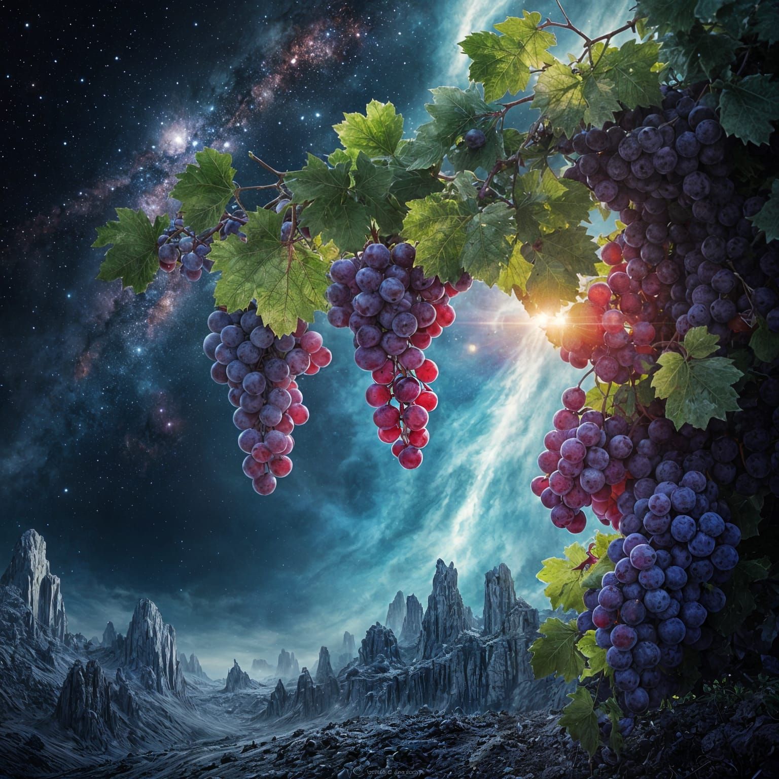 Surreal Cosmic Vineyard Landscape in Ink and Watercolor Styl...