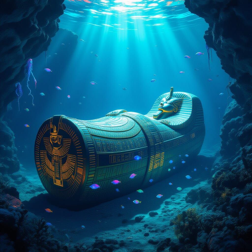 Bioluminescent Egyptian Sarcophagus in Alien Ocean