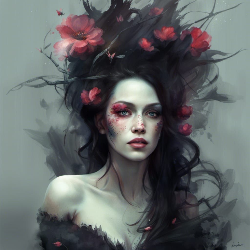 Gothic Beauty with Flowers: Detailed Digital Illustration