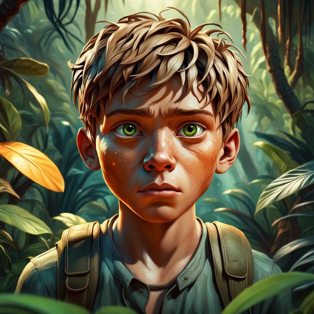 Hyperrealistic Boy in Jungle: 3D Illustration