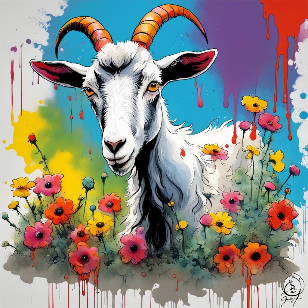 Cartoon Goat Eating Flowers in Graffiti Art Style