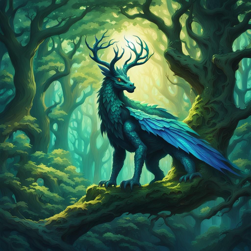 Mythical Creature in Emerald Forest: Fantasy Concept Art