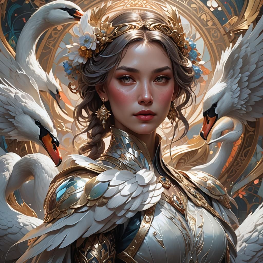 Elegant Swan Woman Portrait in Art Nouveau Style