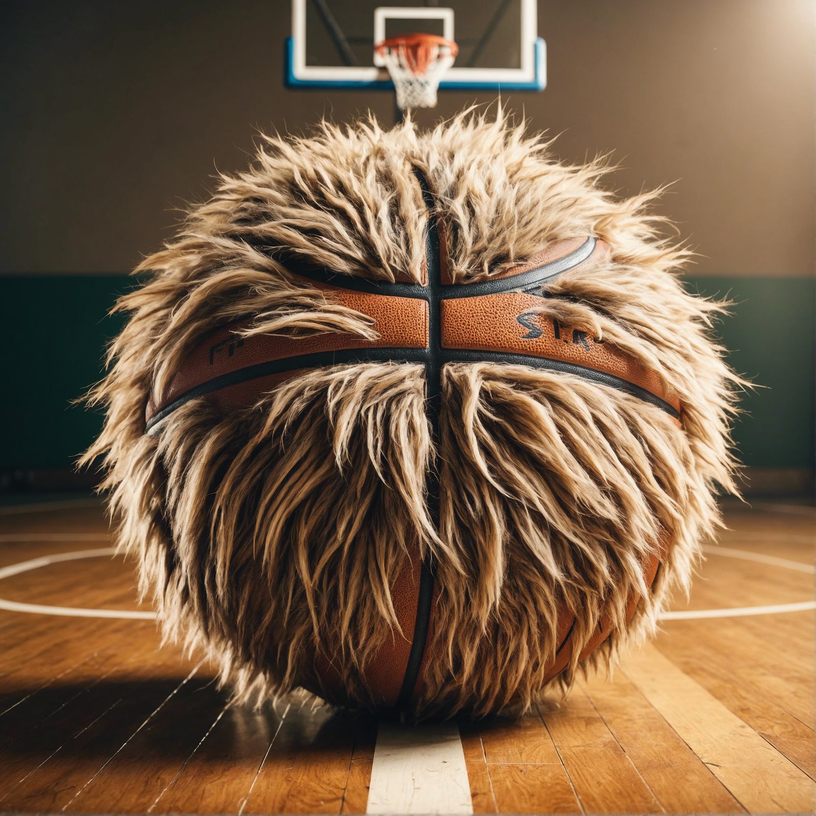 Furry Basketball on a Polished Basketball Court