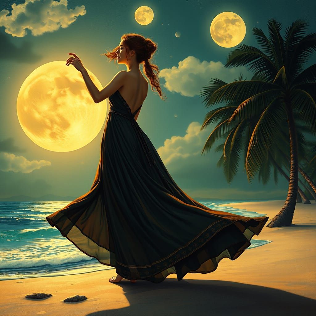 Woman Dancing on Moonlit Beach in Elegant Gown