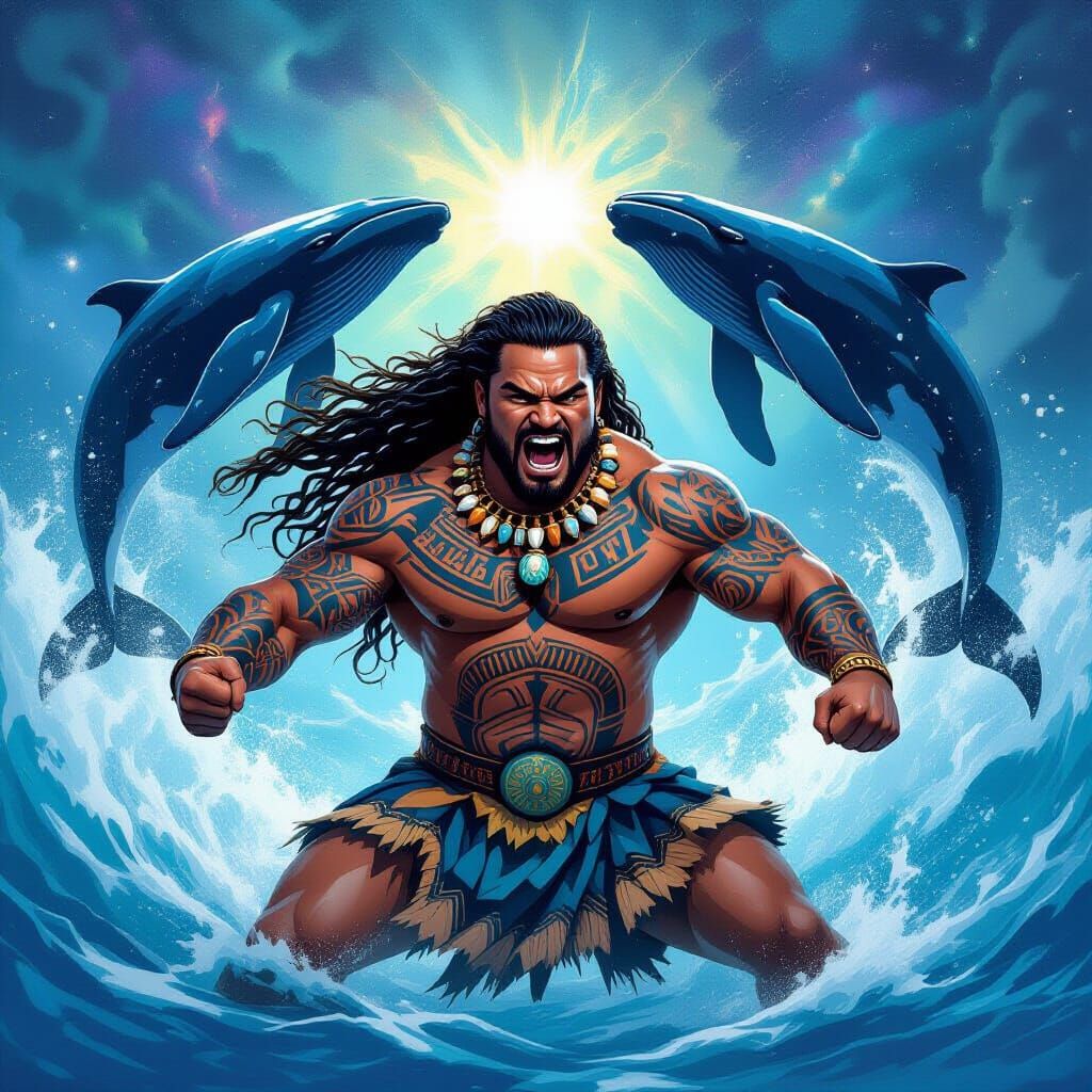 Proud Maori Man Performing Intense Haka with Cosmic Whale Sp...