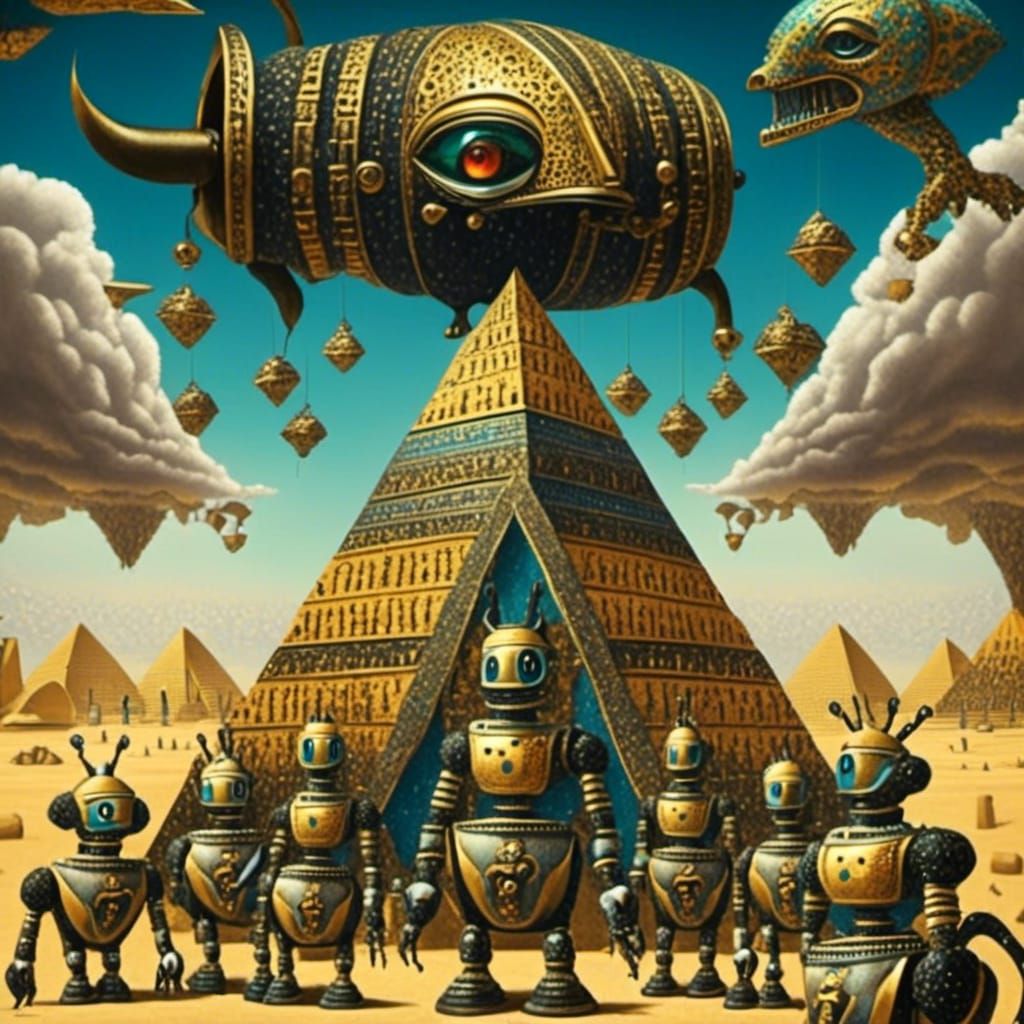Robots in Ancient Egypt with Golden Aesthetic