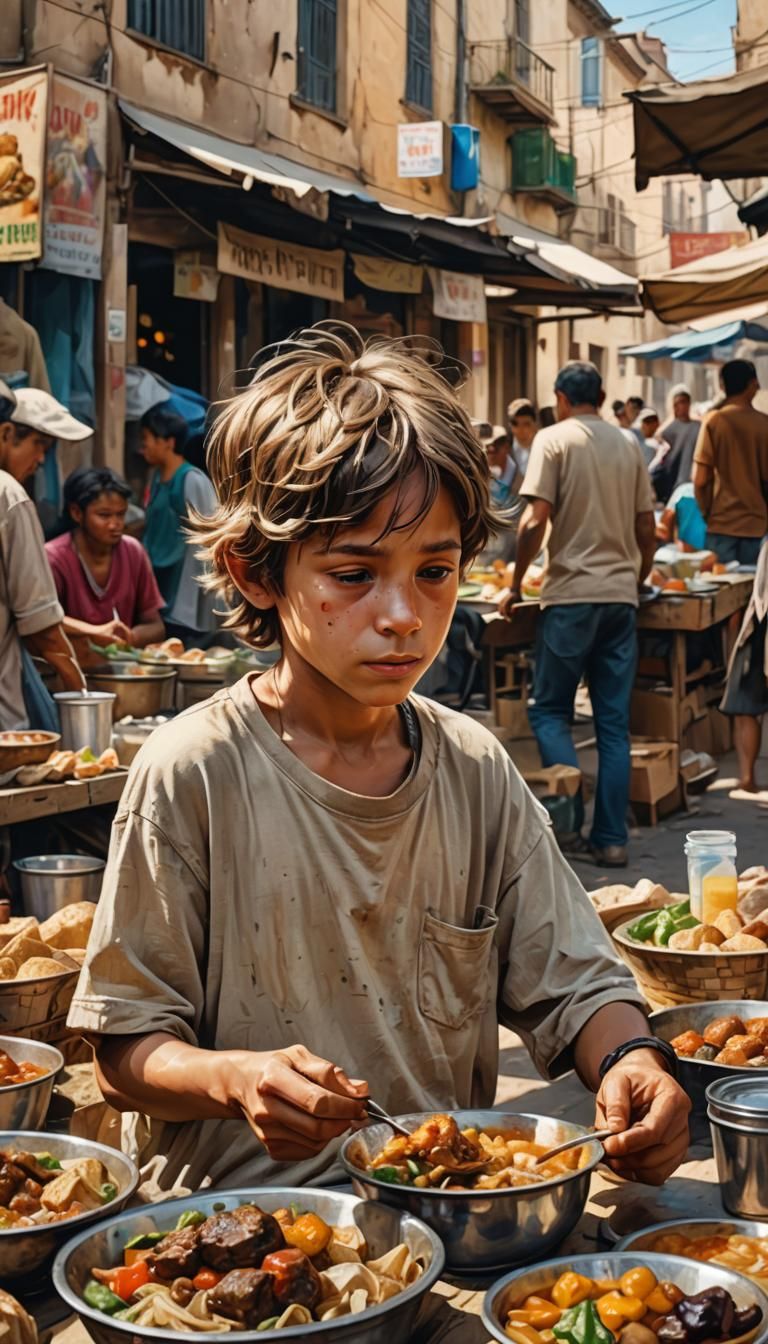 Homeless Boy in Market: Hyperrealistic Digital Art