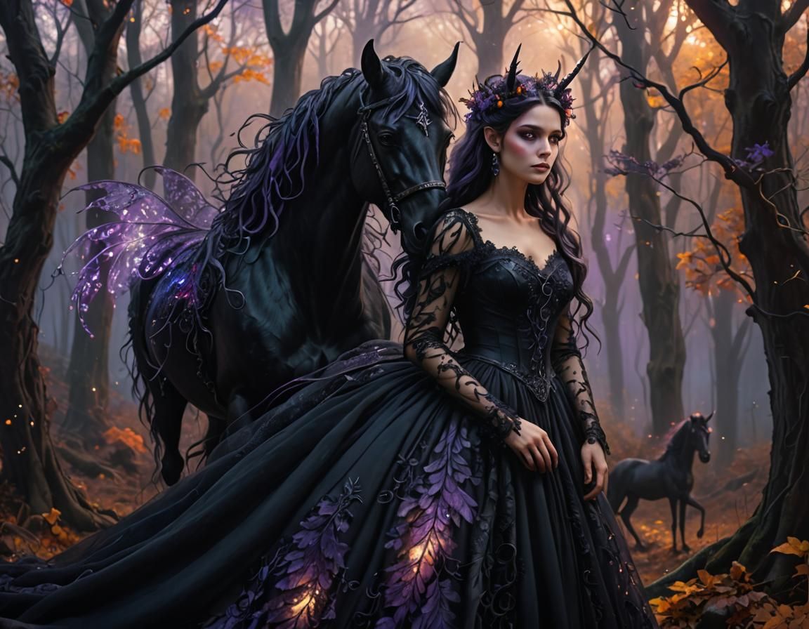 Dark Fairy and Unicorn in Autumn Forest