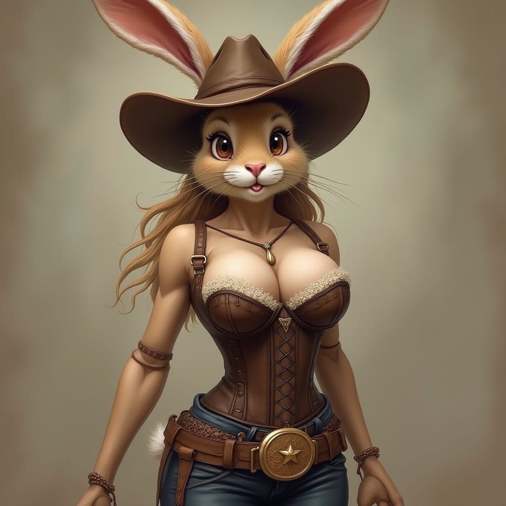 Anthropomorphic Cowgirl Bunny in Western Outfit
