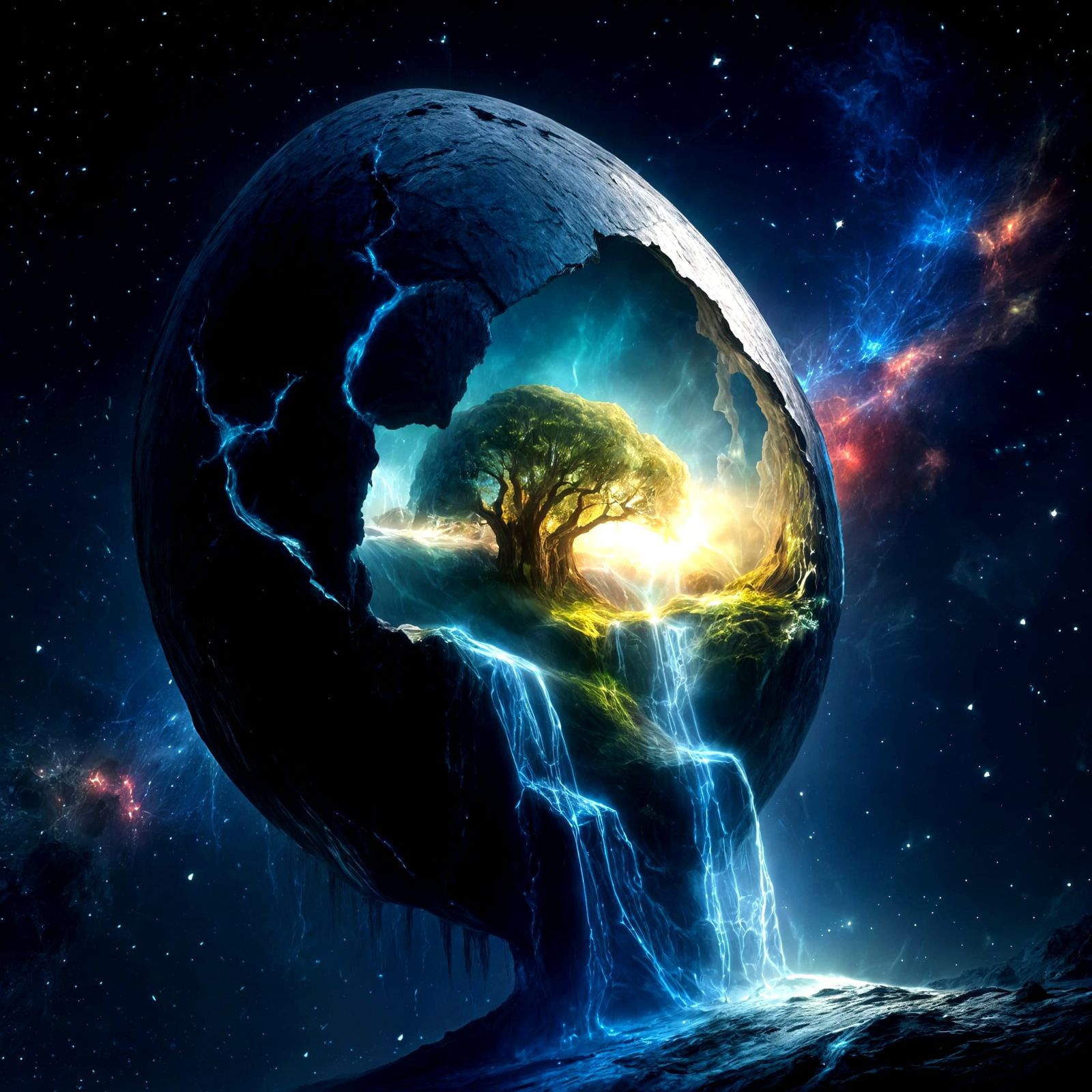 Bioluminescent Spaceship with Tree of Life Landscape