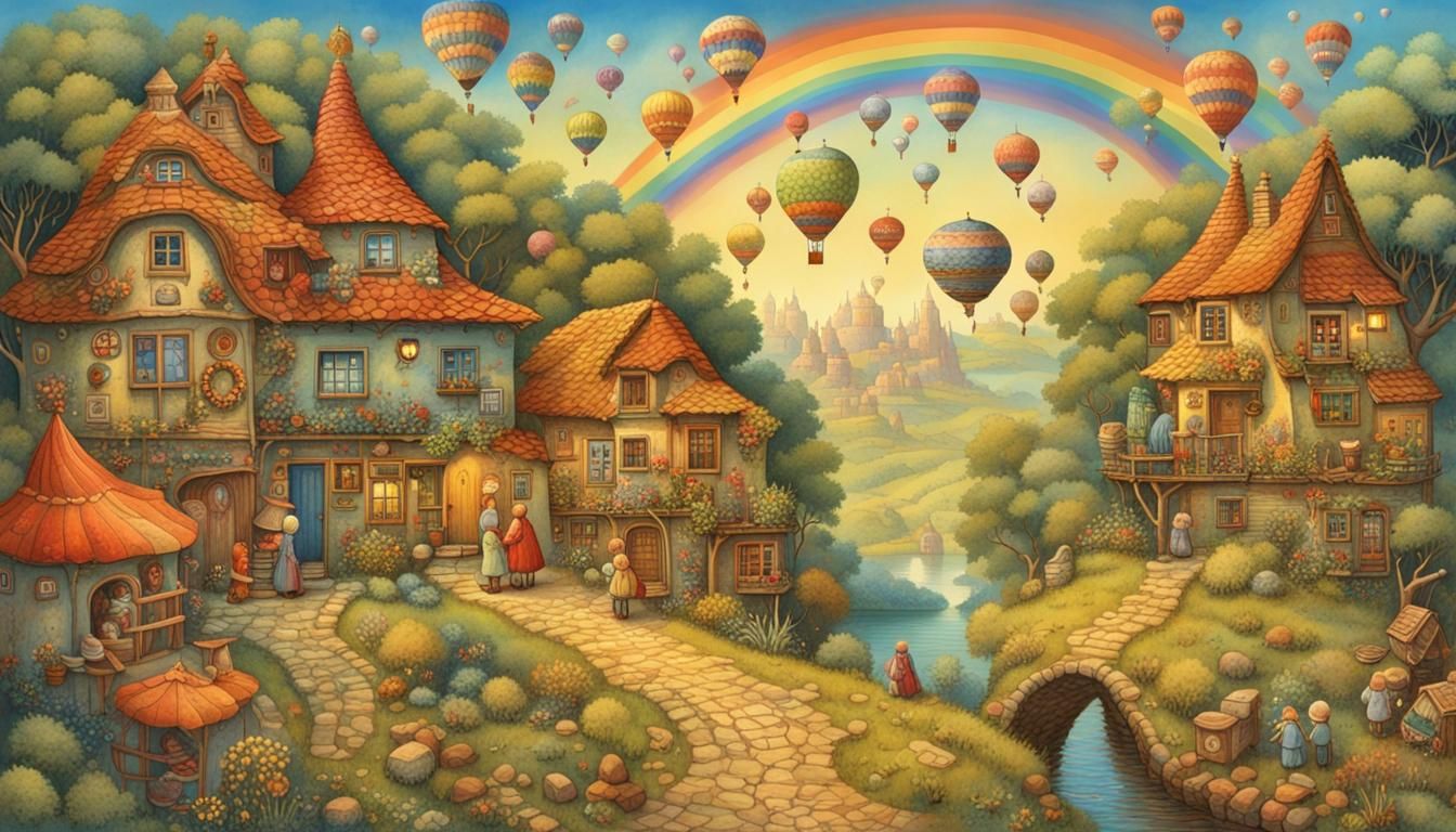 Colorful Naive Village Scene in Children's Book Style