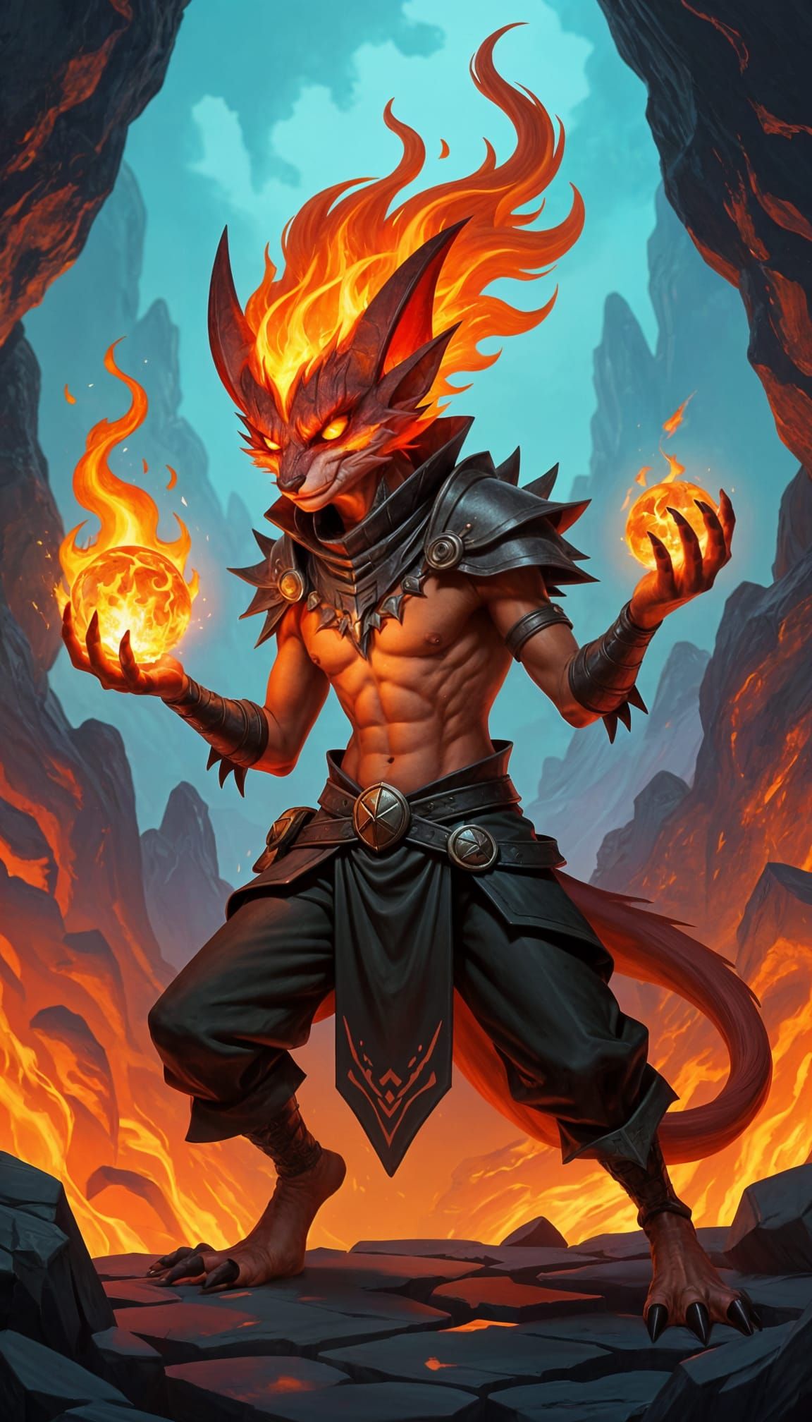 Fiery Imp Trickster with Flame Orb in Volcanic Fissures