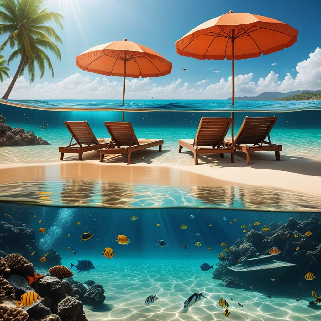 Hyperrealistic Underwater Beach with Sunbathers