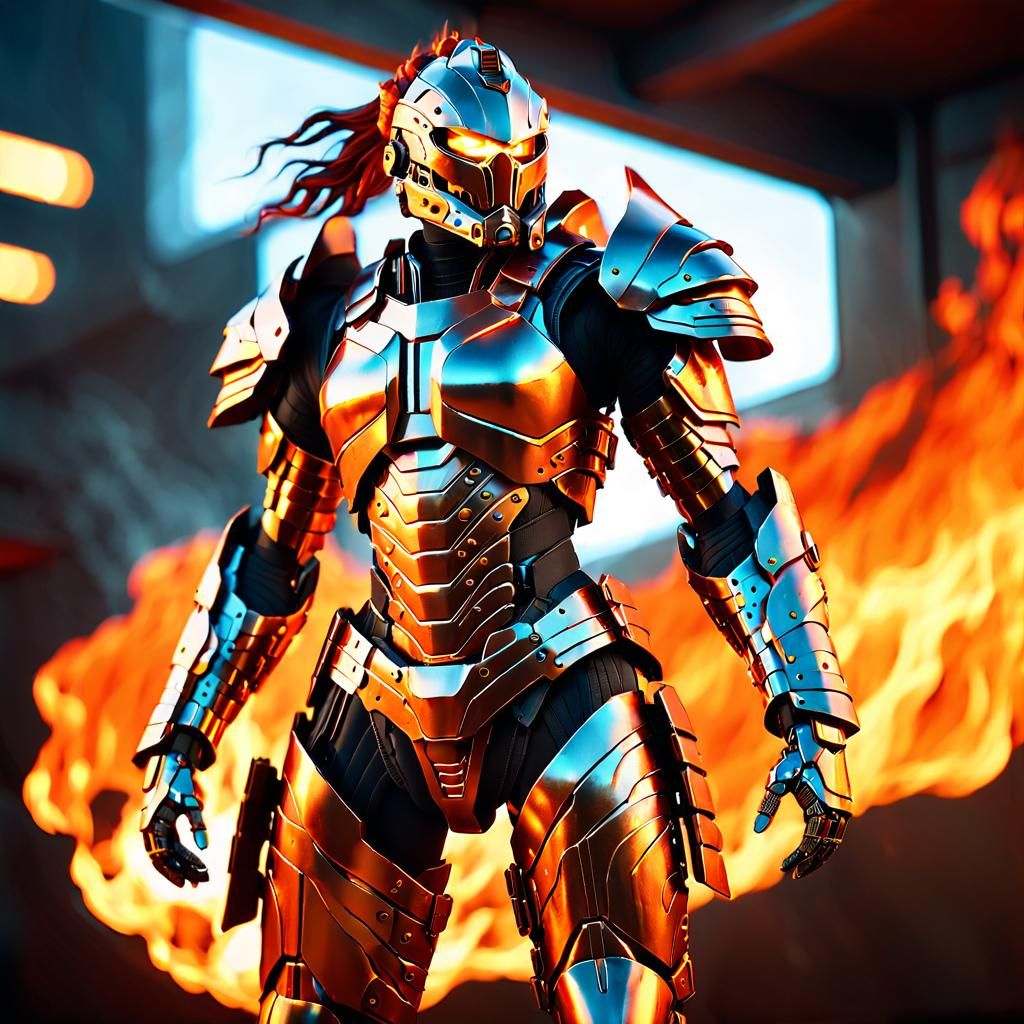 Fiery Female Warrior in Sci-Fi Armor
