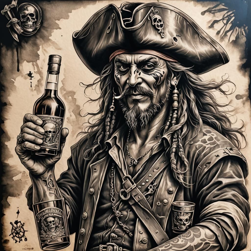 Pirate Tattoo Stencil in Charcoal Drawing Style