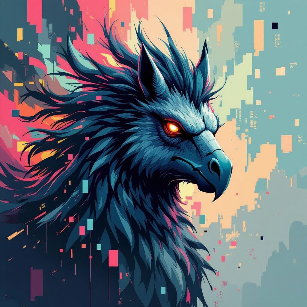 Hippogriff Dissolving in Digital Glitch Art