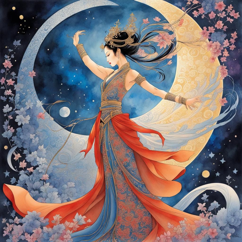 East Asian Prince Dancing in Moonlight: Watercolor Ink Art