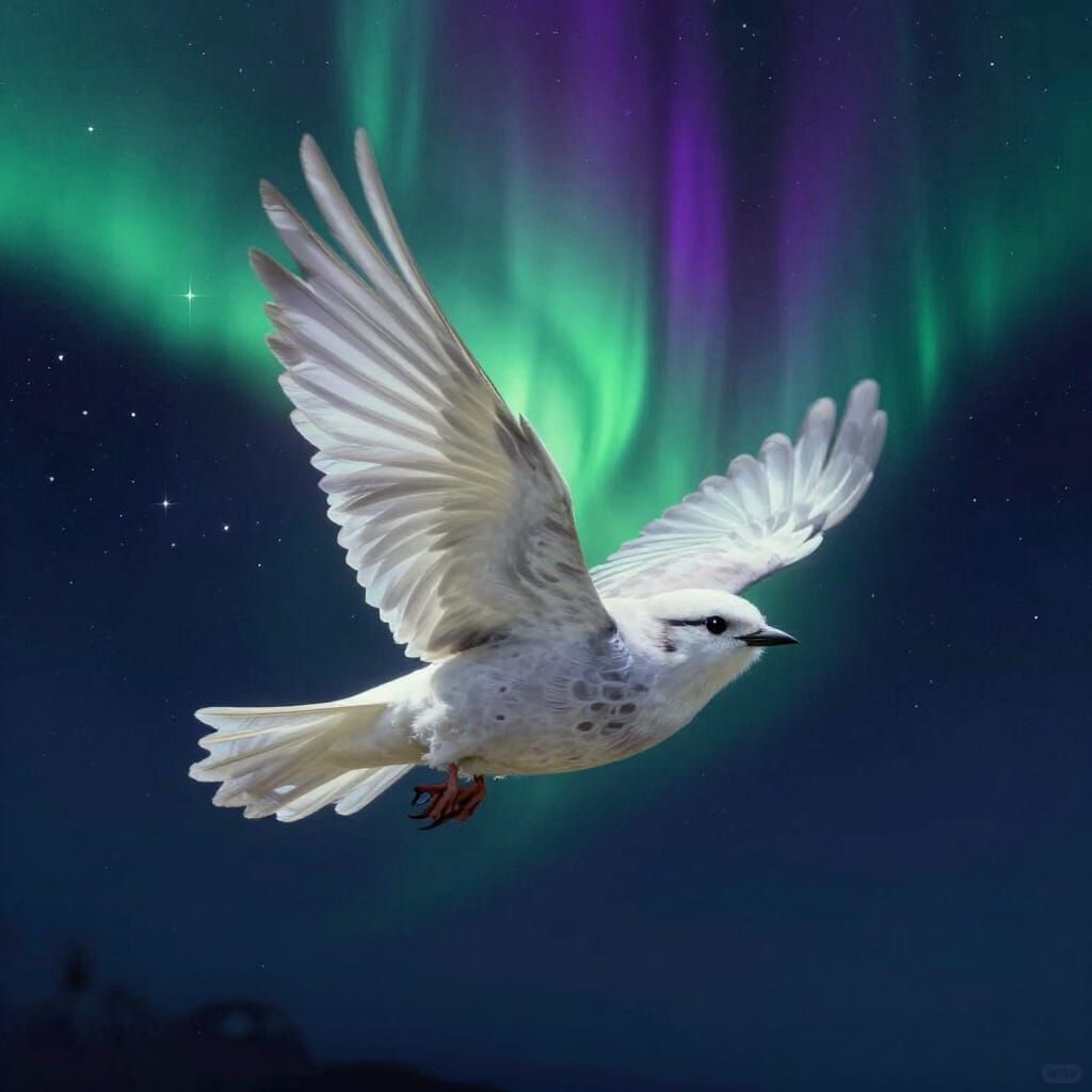 Snow Bird Soars Under Aurora Borealis