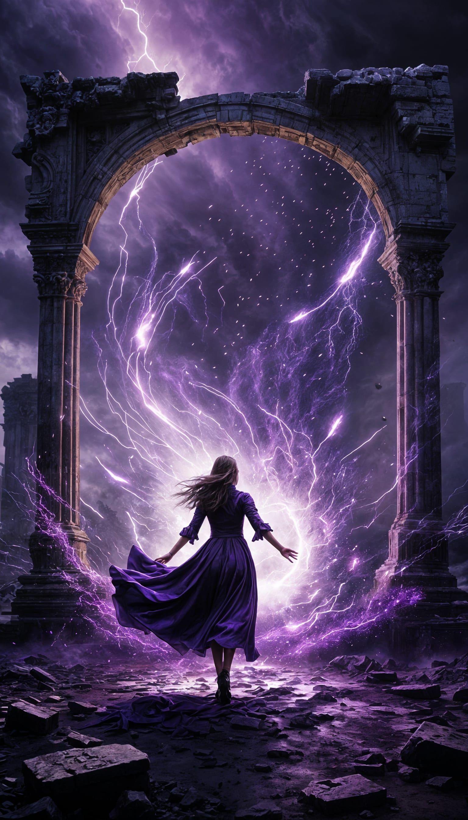 Young Sorceress Opens Violet Portal in Epic Scene