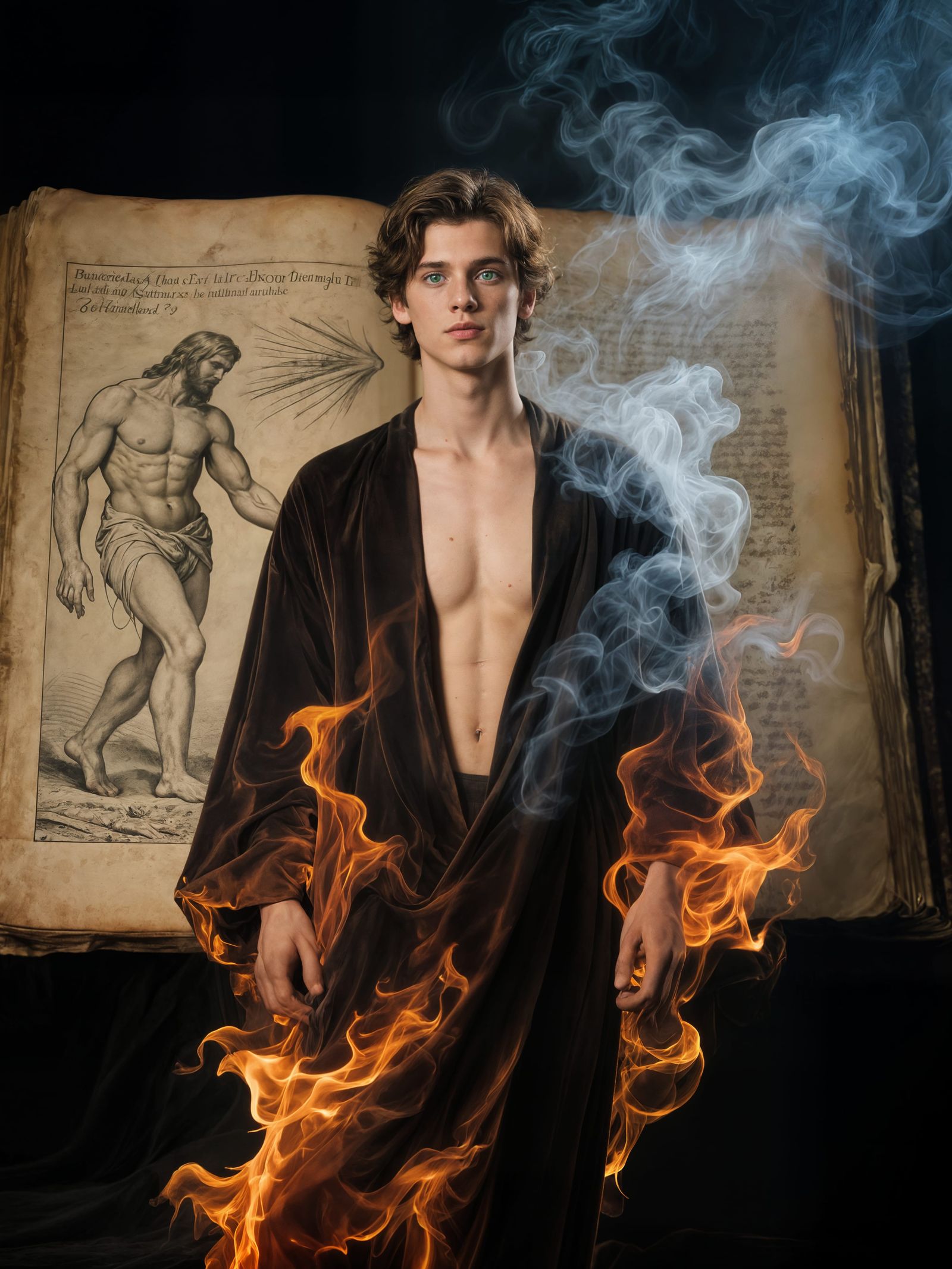 Man in Fiery Robe in Dramatic Studio Portrait