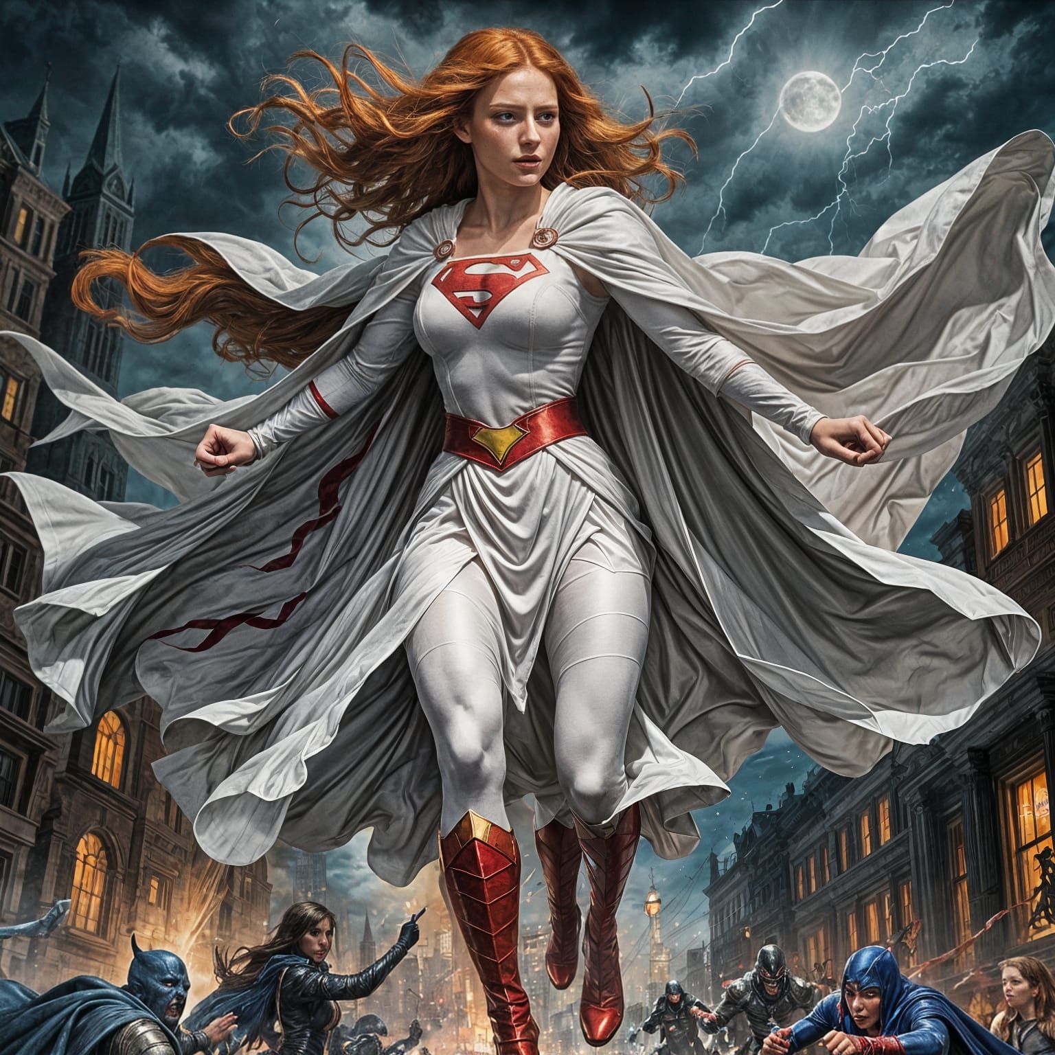 Red-Haired Supergirl Fighting Witches, Mixed Media Art