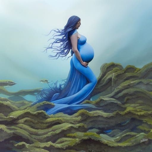 Pregnant Mermaid in Seaweed Watercolour Painting